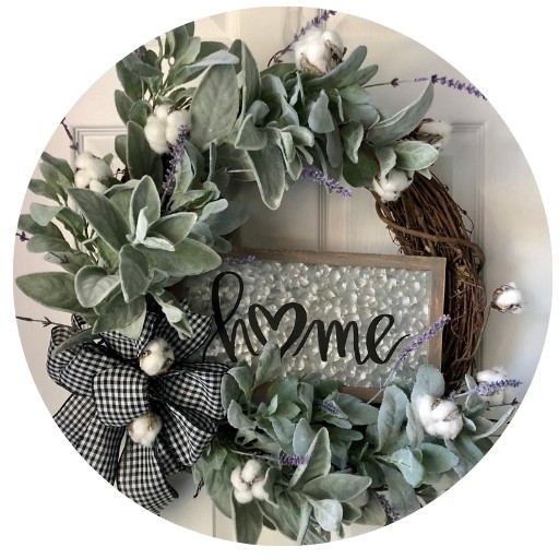 Grapevine wreath with lambs ear, cotton ball stems and lavender